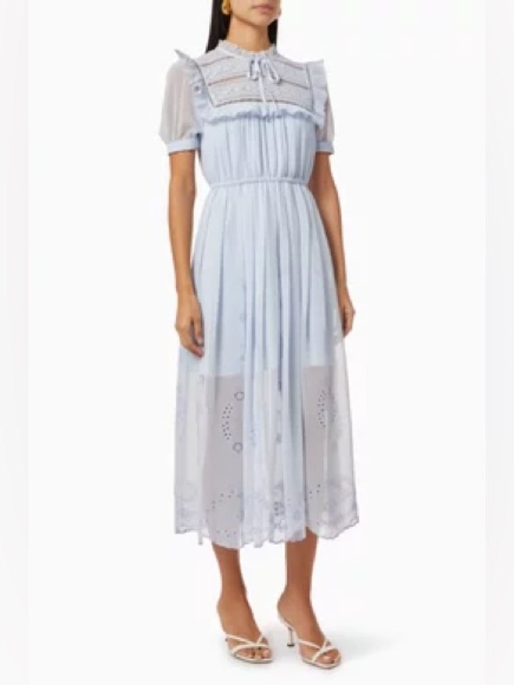 Self-Portrait Light Blue Broderie Embroidered Chiffon Midi Dress